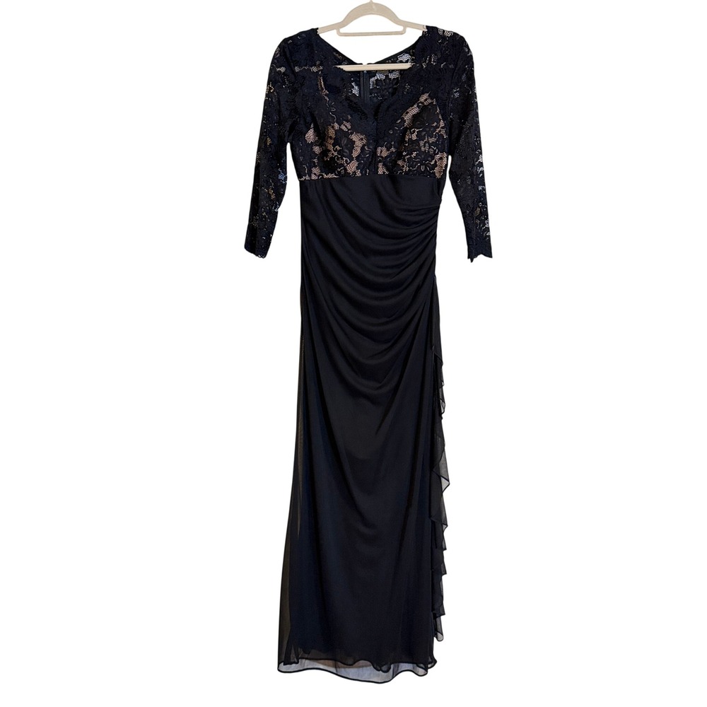 Betsy & Adam Black Lace Top Ruched Formal Evening Gown Dress 10 Goth NEW